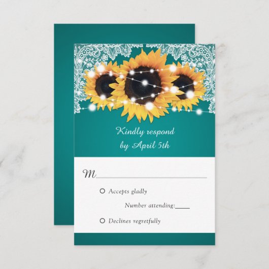 Rustikale Aquamarine Sonnenblumenhochzeit RSVP Karte (Vorne/Hinten)