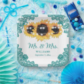 Rustikale Aquamarine Spitzen Sonnenblumen Hochzeit Pappteller (Party)