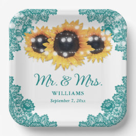 Rustikale Aquamarine Spitzen Sonnenblumen Hochzeit Pappteller