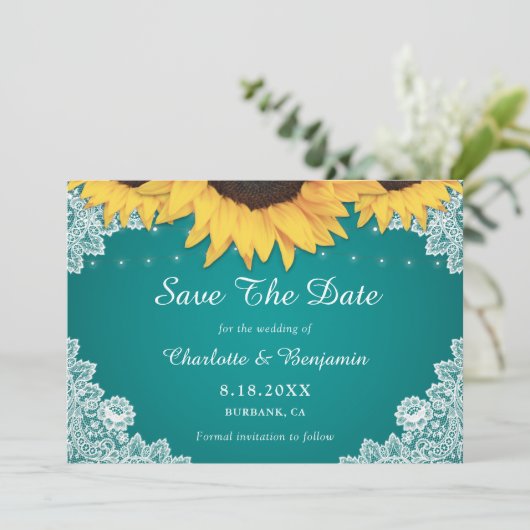 Rustikale Aquamarine Spitzen Sonnenblumen Hochzeit Save The Date (Stehend Vorderseite)
