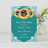 Rustikale Aquamarine Spitzen Sonnenblumen Hochzeit Save The Date (Stehend Vorderseite)