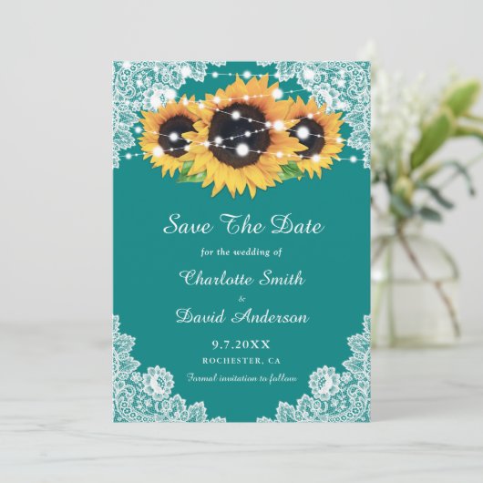 Rustikale Aquamarine Spitzen Sonnenblumen Hochzeit Save The Date (Stehend Vorderseite)