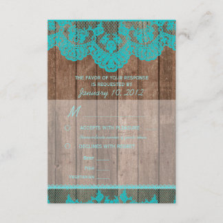 Rustikale Aquamarine Spitzen- und Holz-UAWG mit Me RSVP Karte