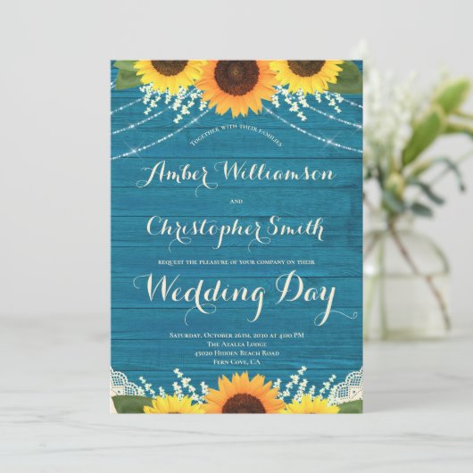 Rustikale Aquamarine Streichellichtblende Sonnenbl Einladung (Stehend Vorderseite)