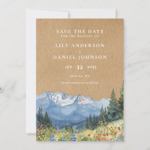 Rustikale Aquarell-Berg-Wildblumen-Hochzeit Save The Date