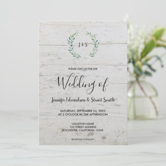 Rustikale Aquarell-Blätter auf Holzmonogramm Hochz Einladung (Stehend Vorderseite)