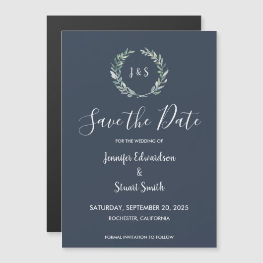 Rustikale Aquarell-Blätter marineblau Speichern Si Magneteinladung (Vorne/Hinten)