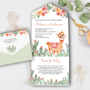 Rustikale Aquarell-Blumen-Kaktus-Llama-Baby-Party All In One Einladung