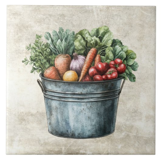 Rustikale Aquarell-Gemüse im Eimer Fliese (Vorderseite)
