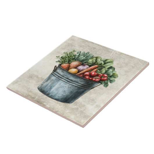 Rustikale Aquarell-Gemüse im Eimer  Fliese (Seite)
