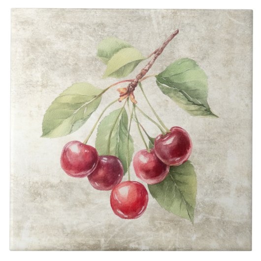 Rustikale Aquarell-Kirschen  Fliese (Vorderseite)