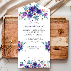 Rustikale Aquarell-Lila Anemonen Hochzeit All In One Einladung