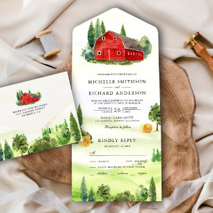 Rustikale Aquarell-Rote-Scheune-Landhochzeit All In One Einladung