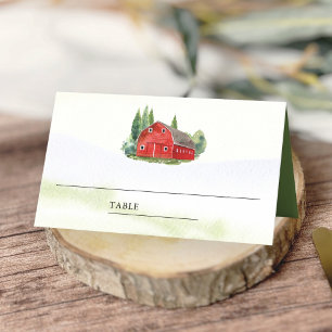 Rustikale Aquarell-Rote-Scheune-Landhochzeit Platzkarte