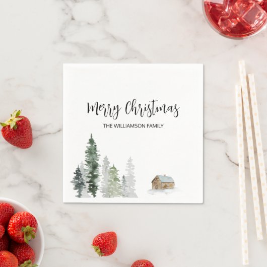 Rustikale Aquarellbäume Holzhütte frohe Weihnachte Serviette (Beispiel)