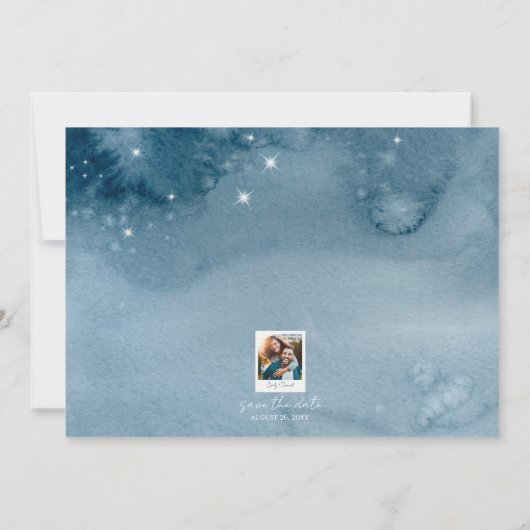 Rustikale Aquarellbäume und Gebirge Dusky Blau Save The Date (Rückseite)