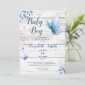 Rustikale Aquarellblauer Schmetterling Blumenbabyd Einladung (Stehend Vorderseite)