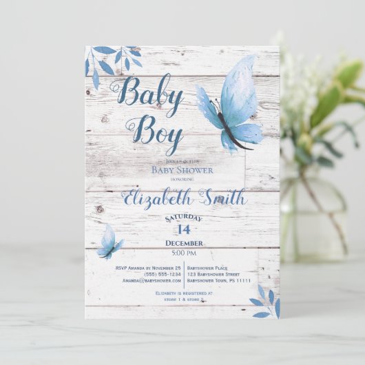 Rustikale Aquarellblauer Schmetterling Blumenbabyd Einladung (Stehend Vorderseite)