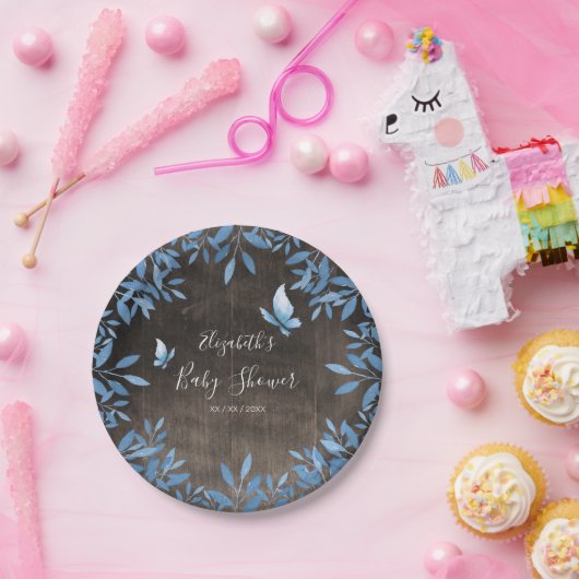 Rustikale Aquarellblauer Schmetterling Blumenbabyd Pappteller (Party)