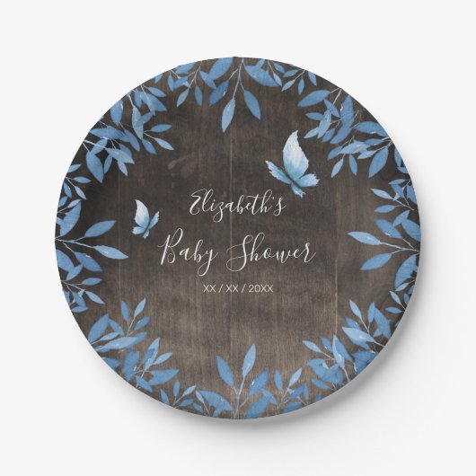 Rustikale Aquarellblauer Schmetterling Blumenbabyd Pappteller (Vorderseite)