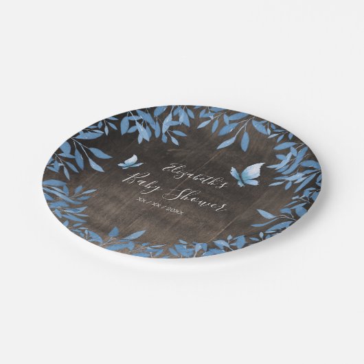 Rustikale Aquarellblauer Schmetterling Blumenbabyd Pappteller (Schrägansicht)