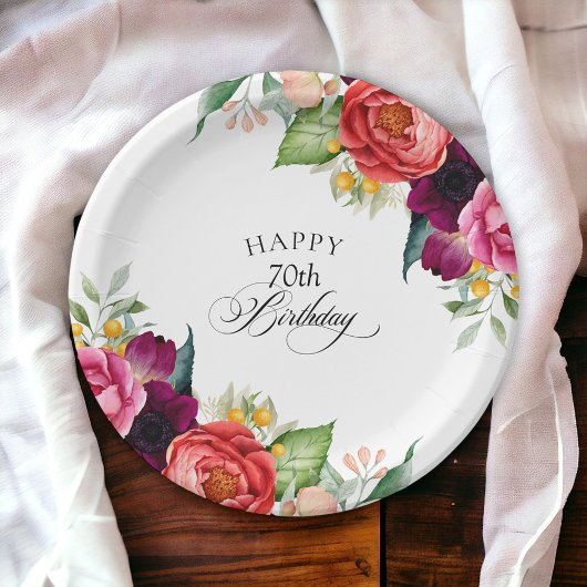 Rustikale Aquarellblume 70. Geburtstagsparty Pappteller