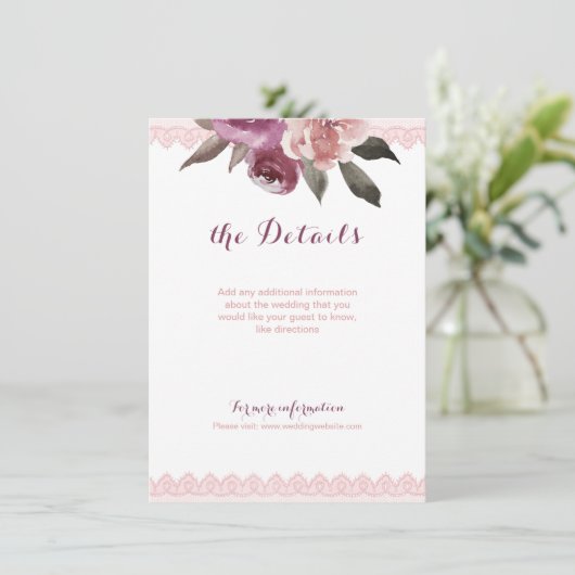 Rustikale Aquarellblumen Hochzeitsdetails Begleitkarte (Stehend Vorderseite)