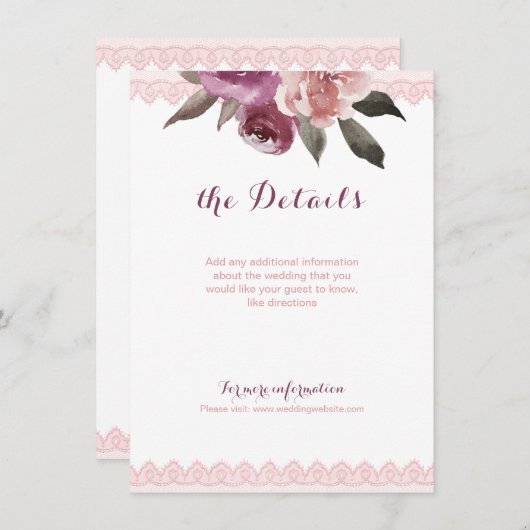 Rustikale Aquarellblumen Hochzeitsdetails Begleitkarte (Vorne/Hinten)