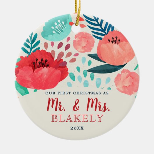 Rustikale Aquarellblüte Neu verheiratet Personalis Keramik Ornament (Vorne)