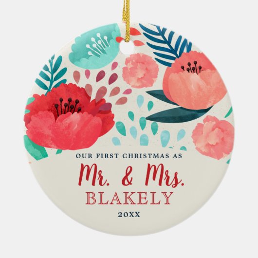 Rustikale Aquarellblüte Neu verheiratet Personalis Keramik Ornament (Hinten)