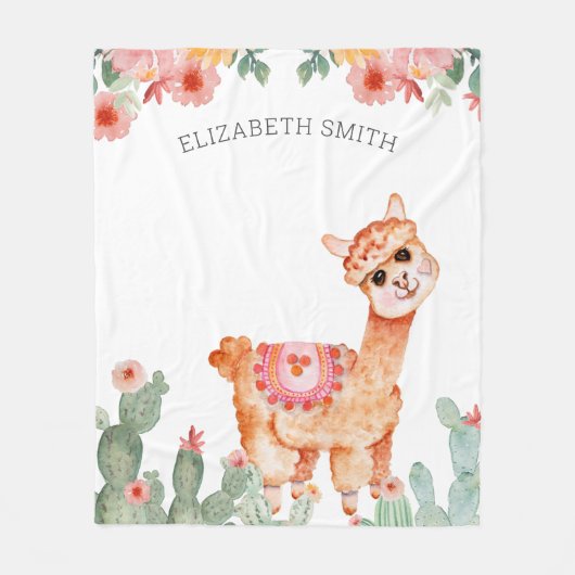 Rustikale Aquarellblütenkaktus Llama Fleecedecke (Vorderseite)