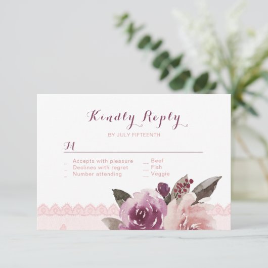 Rustikale Aquarellblütenspitze Hochzeit im Herbst RSVP Karte (Stehend Vorderseite)