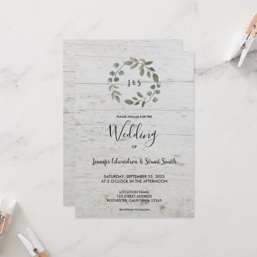 Rustikale Aquarellfarben-Blätter aus Holz-Monogram Einladung (Vorderseite/Rückseite Beispiel)