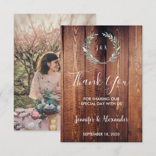 Rustikale Aquarellfarben Blätter Danke Foto Hochze Einladung (Vorne/Hinten)
