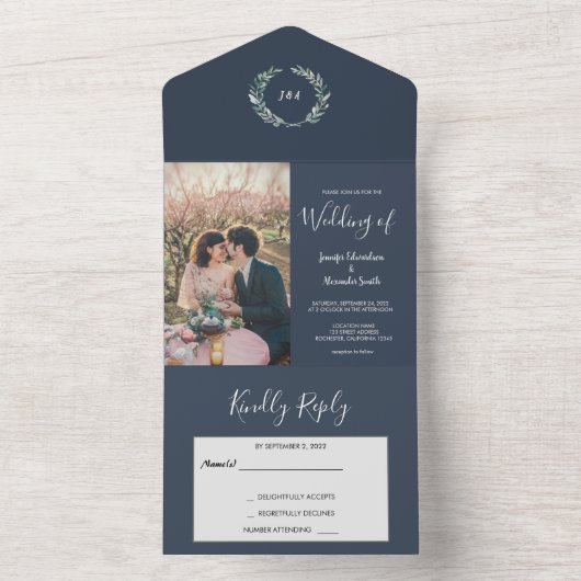 Rustikale Aquarellfarben Blätter Monogramm Foto Ho All In One Einladung (Innen Boden)