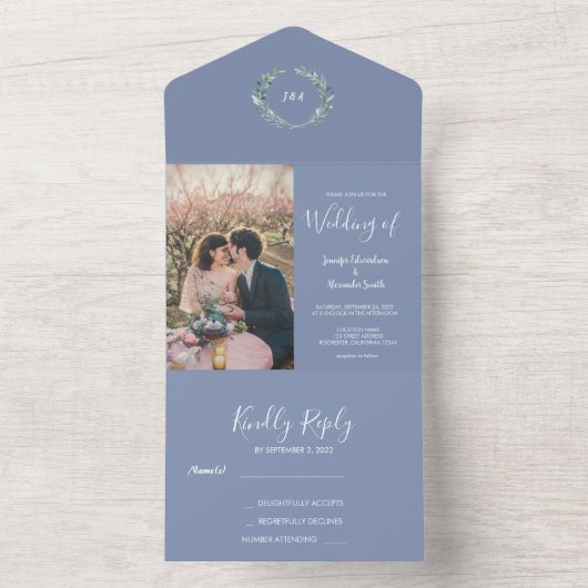 Rustikale Aquarellfarben Blätter Monogramm Foto Ho All In One Einladung (Innen Boden)