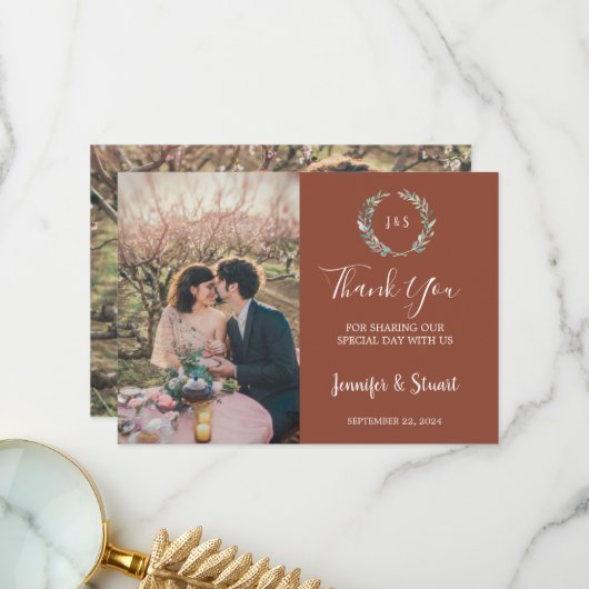 Rustikale Aquarellfarben Blätter Monogramm Foto Ho Dankeskarte (Vorderseite/Rückseite Beispiel)