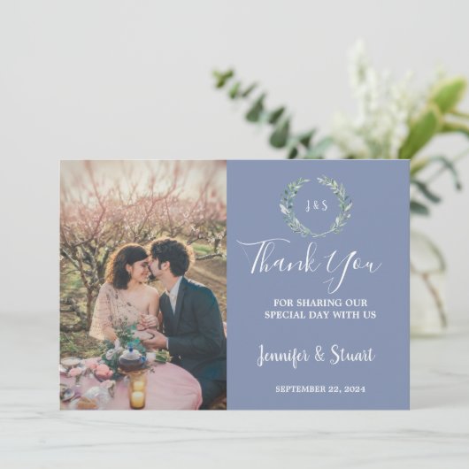 Rustikale Aquarellfarben Blätter Monogramm Foto Ho Dankeskarte (Stehend Vorderseite)