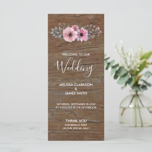 Rustikale Aquarellfarben-Blume auf Stallholzhochze Programm (Stehend Vorderseite)