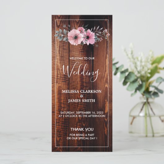 Rustikale Aquarellfarben-Blume auf Stallholzhochze Programm (Stehend Vorderseite)