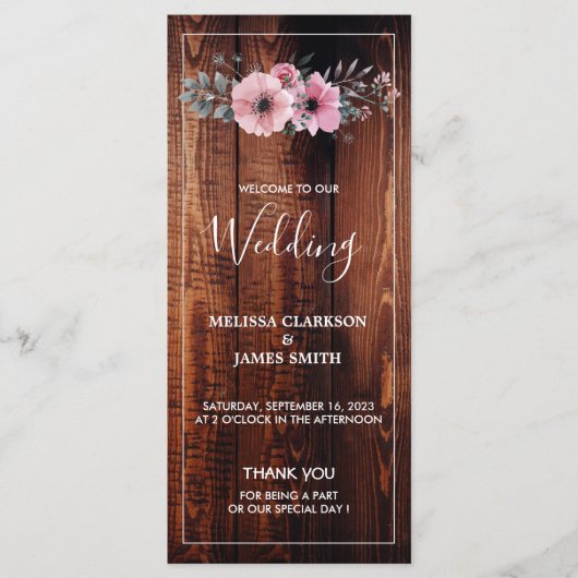 Rustikale Aquarellfarben-Blume auf Stallholzhochze Programm (Vorderseite)