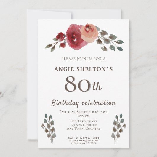 Rustikale Aquarellfarben Rose Floral 80. Geburtsta Einladung (Vorderseite)