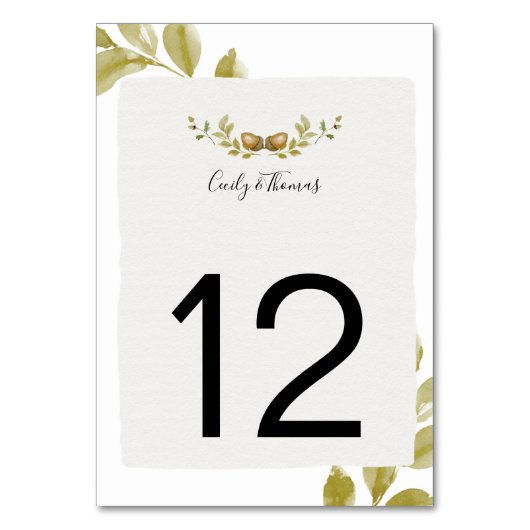 Rustikale Aquarellfarben und Blätter aus Eiche | Tischnummer (Vorderseite)