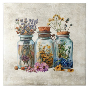 Rustikale Aquarellgläser mit Kräutern Blumen Fliese