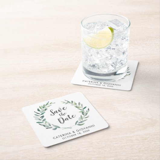 Rustikale Aquarellgrüne Nicht-Foto Save the Date Rechteckiger Pappuntersetzer (Vor Ort)