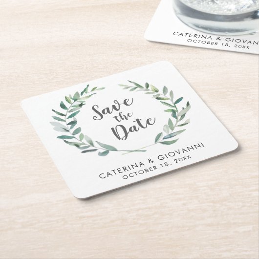 Rustikale Aquarellgrüne Nicht-Foto Save the Date Rechteckiger Pappuntersetzer (angewinkelt)