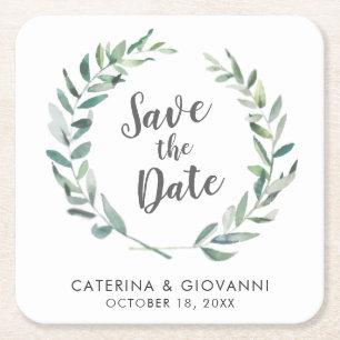 Rustikale Aquarellgrüne Nicht-Foto Save the Date Rechteckiger Pappuntersetzer