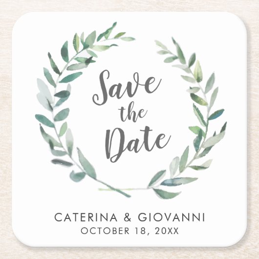 Rustikale Aquarellgrüne Nicht-Foto Save the Date Rechteckiger Pappuntersetzer (Vorderseite)