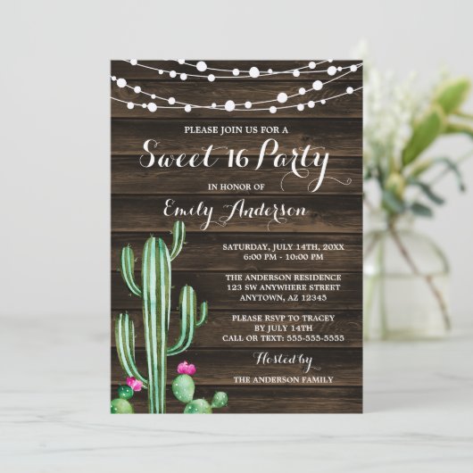 Rustikale Aquarellkaktus Weißholz Süß 16 Einladung (Stehend Vorderseite)