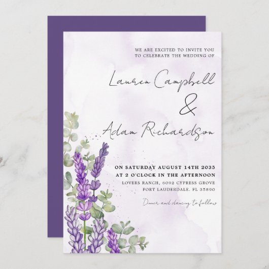 Rustikale Aquarelllavender & Eucalyputus Wedding Einladung (Vorne/Hinten)